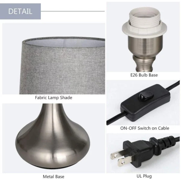 Set of 2 Silver Table Lamps - Includes Gray Fabric Shades - Image 4