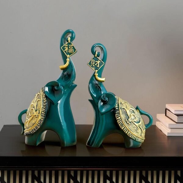 Set of 2 Figurine Decorative Elephant Statue With Trunk Up - Image 3