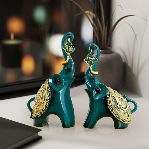 Set of 2 Figurine Decorative Elephant Statue With Trunk Up - Image 2