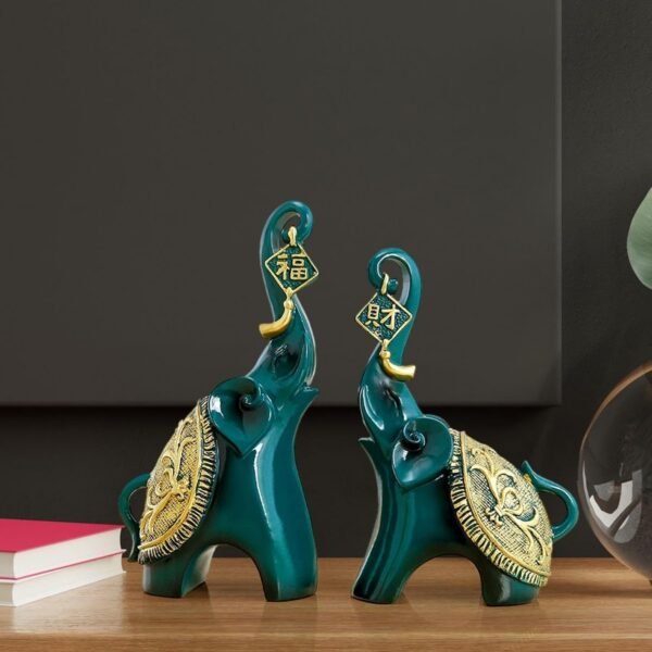 Set of 2 Figurine Decorative Elephant Statue With Trunk Up