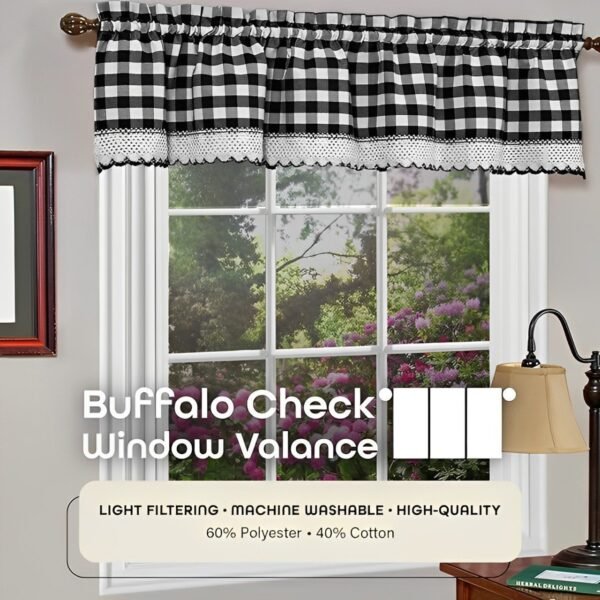 Valance Window Curtains - 58 Inch Width, 14 Inch Length - Black & White Plaid - Image 3
