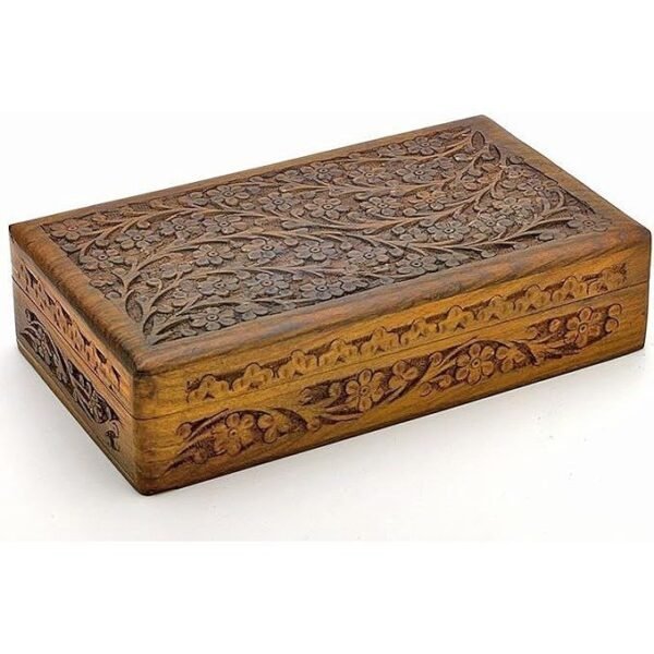 Wooden Box 6x10x2.5 inch, Hand Carved Flowers & Vines Design