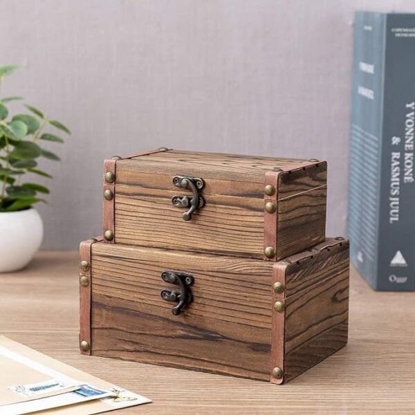 Set of 2 Rustic Brown Wood Decorative Nesting Storage Boxes - Image 3