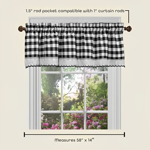 Valance Window Curtains - 58 Inch Width, 14 Inch Length - Black & White Plaid - Image 2