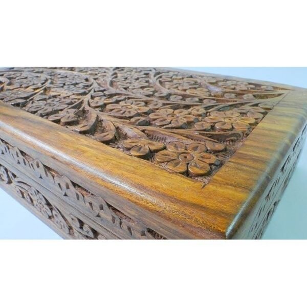 Wooden Box 6x10x2.5 inch, Hand Carved Flowers & Vines Design - Image 2