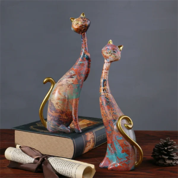2 Pcs Colorful Cat Couple Statues Oil Painting