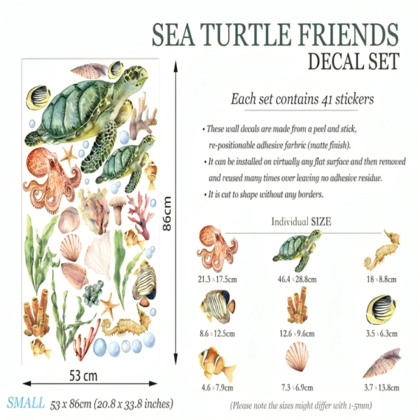 Underwater Adventure Wall Decal - Turtle Mom with Baby Swimming Among Octopus and Seahorse Friends - Image 3