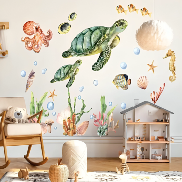 Underwater Adventure Wall Decal - Turtle Mom with Baby Swimming Among Octopus and Seahorse Friends