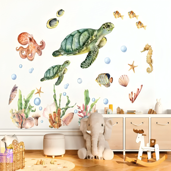 Underwater Adventure Wall Decal - Turtle Mom with Baby Swimming Among Octopus and Seahorse Friends - Image 2